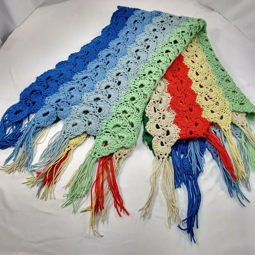 Vintage Handmade Afghan Blanket Granny Striped Crochet Knit 48x60 Multi Color